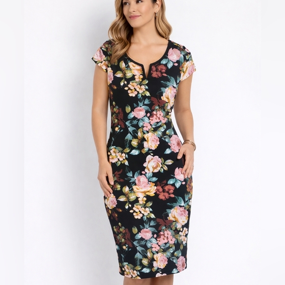 connected apparel Dresses & Skirts - NWT, Dressbarn, Women's black floral dress. Has cap sleeves. Slim fit, Size 12